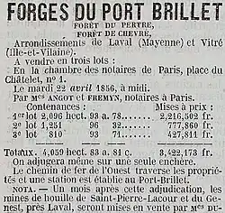 La mise en vente en mars 1856 de la forêt du Pertre et de la forêt de Chevré par les "Forges de Port-Brillet" (journal Le Pays du 12 mars 1856).