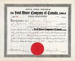 Action de la Ford Motor Company of Canada, émise le 10 novembre 1908 à Walkerville, Ontario, enregistrée au nom de Henry Couzens, signée dans l'original par Henry Ford en tant que président. Couzens a été l'un des fondateurs de Ford Motor Company en 1903 et y a travaillé jusqu'en 1919 en tant que vice-président et directeur général.