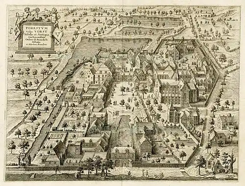 Forestum vulgo Vorst, vue de l'ancienne Abbaye de Vorst, tirée de l'ouvrage d'Antoine Sandérus, Chorographia sacra Brabantiae