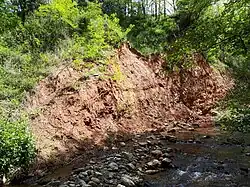 Affleurement miocène près de Codalet : sable rougeâtre.