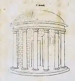 Dessin en noir en blanc d'un temple rond à colonnade.