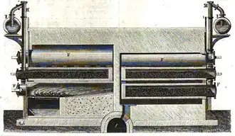 Four à sept cornues. Tuyau de dégagement et barillet. Coupe verticale.