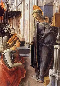 Détail de peinture. L'ange est à genoux devant Marie, qui s'écarte avec les mains écartées.
