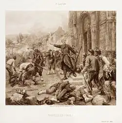 Bazeilles (1870), photogravure de 1896 d'après François Lafon : l'abbé Baudelot exhortant la population à combattre.