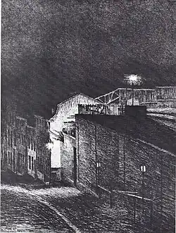 Coin de rue, le soir, 1911 (Eau-forte ; 38,5&nbsp;×&nbsp;29,5&nbsp;cm), Liège, Musée de La Boverie