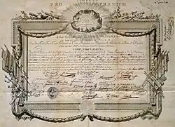 Certificat de maître délivré en 1833 par La Vraie fraternité à Jean Chrétien Blumenfeld.