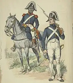 Dessin en couleurs représentant deux hommes en uniforme, celui de gauche monté sur un cheval gris.