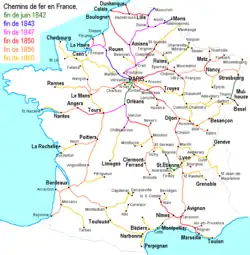 Plan du réseau ferré de France jusqu'en 1860.