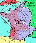 Le royaume de France en 1328 avant le début de la guerre de Cent Ans.Territoires contrôlés par le roi d'Angleterre en 1328Anciennes possessions des Plantagenêt (1180) reprises par les rois de FranceAutres territoires du royaume de France
