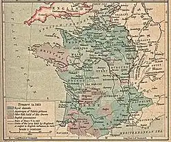 Carte anglaise (date inconnue) représentant la France après l'annexion de Lyon. La ville (indiquée en tant que « Lyons » et la province environnante sont mentionnés comme faisant partie du « domaine royal ».