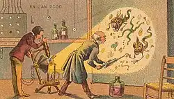 Illustration en couleurs représentant deux savants devant l'image projetée de microbes menaçants.