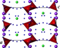 Structure de la francevillite, projetée sur le plan (a, c). Violet : U, rouge : V, vert : Ba et Pb, bleu : O. Les atomes d'hydrogène ne sont pas représentés.