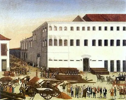 Œuvre  sur la reconstruction du souvenir de Nossa Senhora do Parto, où le maître Valentine est vu livrer les projets de reconstruction au vice-roi D. Luis de Vasconcelos e Sousa (1789).