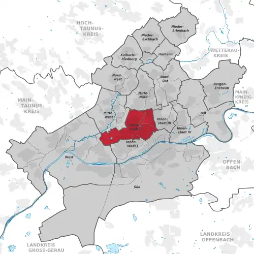 Carte situant l'arrondissement (en rouge) au sein du reste de la ville (en gris)