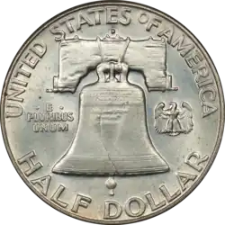 Demi-dollar Franklin, revers Cloche de la Liberté.