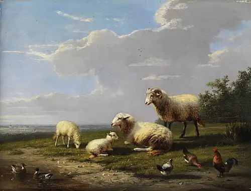 Paysage printanier avec moutons, poules et canards.