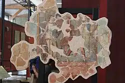 Fresque mythologique grecque avec la Néréide Thétis à gauche remettant ses armes à Achille à droite