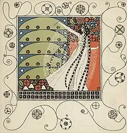 Dessin en couleur dans un cadre neutre ornementé d'une femme en robe longue, bras levé, très stylisée