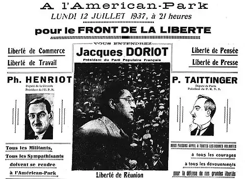 Une affiche du Front de la liberté, avec, à droite, un croquis de Pierre Taittinger prônant « liberté de pensée » et « liberté de la presse ».