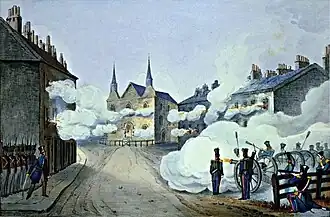 Vue de la façade de l'église de Saint-Eustache occupée par les insurgés.
