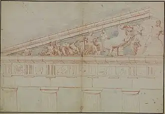 Dessin sépia : statues encadrées dans un triangle.