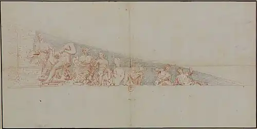 Dessin sépia : statues encadrées dans un triangle