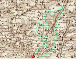 Le bassin du Frout au XVIIIe&nbsp;siècle, entouré de vert, d'après la Carte de Cassini (feuille 171).En rouge, la ville close de Quimper.