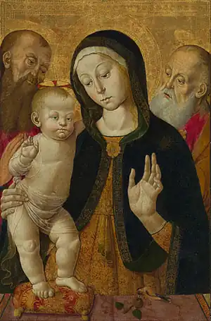 Reproduction d'une œuvre de Fungai : une Madone à l'enfant, avec deux saints ermites