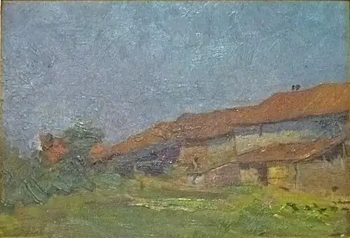 Paysage ensoleillé avec une ferme.