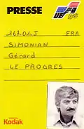 Carte de presse de l'Euro 1984 de Gérard Simonian