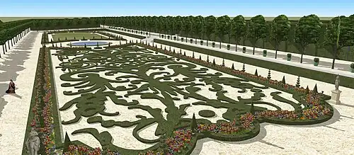 Vue sur le parterre sud vers 1690, depuis le Grand Cabinet du premier étage.