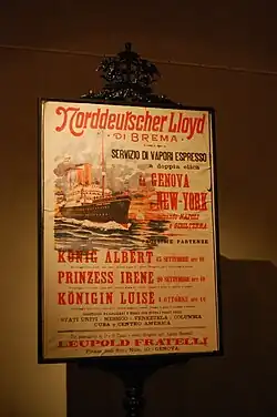 Affiche de la Norddeutscher Lloyd pour Genova - New York en bateau à vapeur au début du XXe&nbsp;siècle.