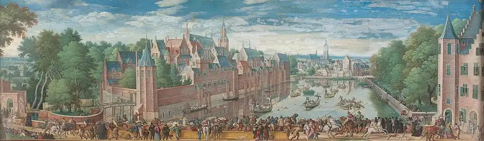 Hans Bol, Jeu de l'oie sur le Hofvijver, vers 1557-1593, l'une des plus anciennes vues de La Haye