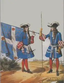 Habillement du régiment des Gardes Françaises en 1697.Habit bleu, parements rouges garnis d'éléments blancs