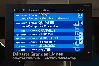 Un écran d'affichage des prochains départs des trains de grandes lignes (système CATI).