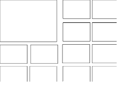 Dessin représentant un gaufrier, ensemble de cases d'une double page de bande dessinée. La page de gauche est constituée d'une grande case, dont la taille est égale aux quatre cases qui se trouvent dessous. La page de droite est constituée de huit cases.