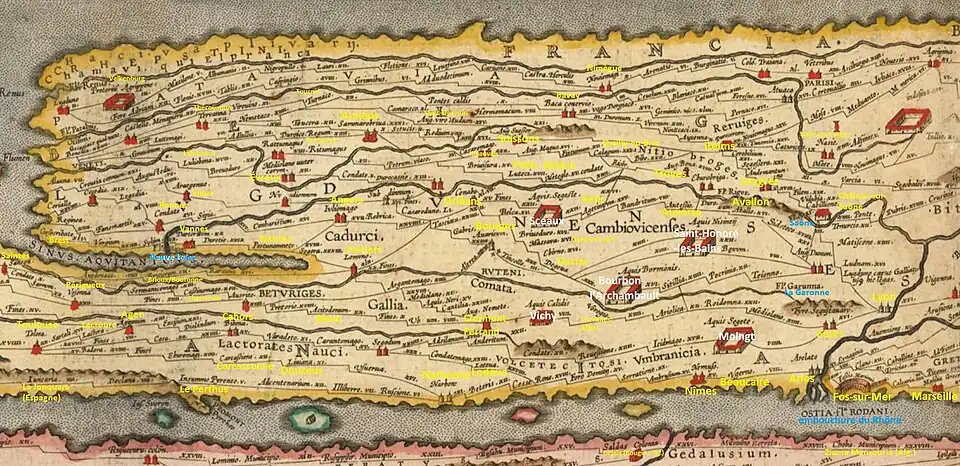 Foru[m] Segusiavorum (surligné « Feurs » en jaune)sur la table de Peutinger(section 1 : Gaule narbonnaise et Nemausus)