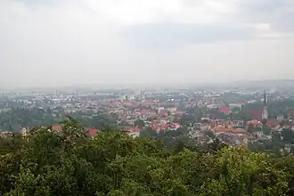 Photographie couleur d'une ville prise depuis une colline boisée.
