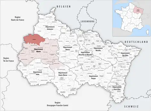 Carte montrant le territoire de l'intercommunalité dans celui de la région Grand-Est.