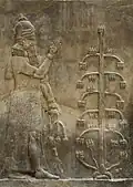 Génie ailé donnant une bénédiction, devant un arbre sacré. Bas-relief de l'édifice isolé (bit hilani ?) de la terrasse du palais.