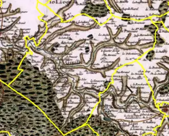 Vue d'une carte ancienne sur laquelle sont dessinées des limites territoriales contemporaines.