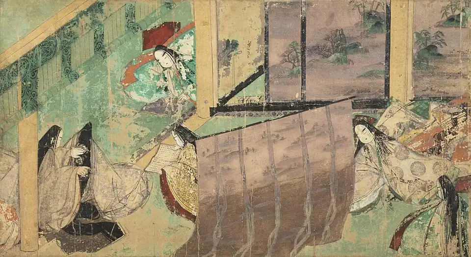 Rouleau enluminé du Genji monogatari emaki, (Roman du prince Gengi), vers 1130. Couleurs sur papier, H. 21&nbsp;cm. Nagoya, Musée d'art Tokugawa.