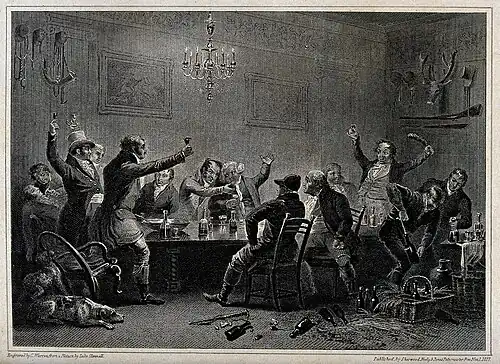 Gentlemen gathering for a joyful celebration after a foxhunt, d'après L. Clennell (1817, Wellcome Collection).