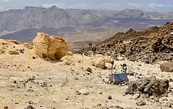 Petit boitier métallique au milieu de roches jaunâtres.