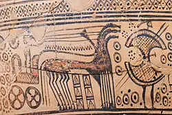 Cratère funéraire athénien, époque géométrique tardive I, -750/-735, attribué à l'atelier du « peintre de Hirschfeld » ; hauteur : 108,3 cm. New York, Metropolitan Museum of Art 14.130.14.