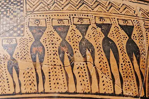 Id. détail : Pleureuses (nues). Peintre de Hirschfeld. Cratère attique, H. 1,08&nbsp;m, style géométrique, v. 750-735. Met.