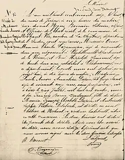 Acte de décès d'Aurore Dupin dite George Sand à Nohant, le 8 juin 1876. À noter l'erreur de transcription concernant le jour de naissance. Aurore Dupin est née le 1er juillet 1804, et non le 5 juillet.