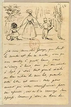 Lettre de Musset en date du 28 juillet 1833, illustrée d'un dessin représentant George Sand et ses enfants.