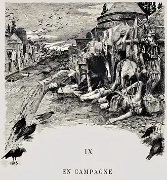 Les cadavres des vaincus. Gravure de Champollion d'après Rochegrosse, 1900.