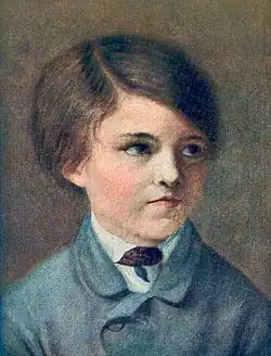 Portait au pastel d'un enfant qui regarde sur le côté.